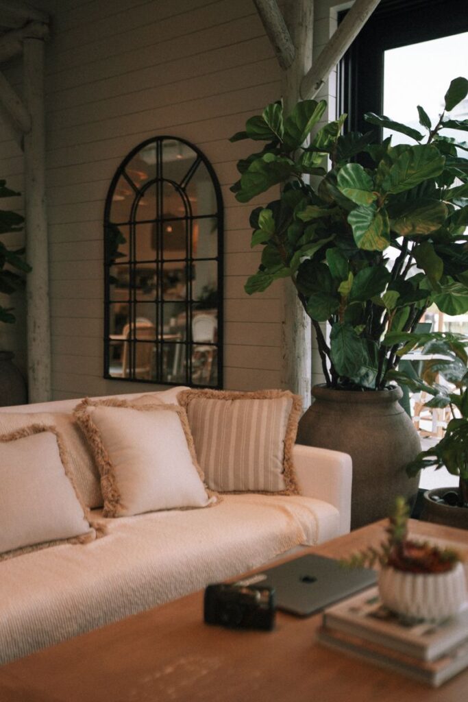 Warm, cozy living room with vintage decor, potted plants, and soft lighting for a relaxing ambiance.